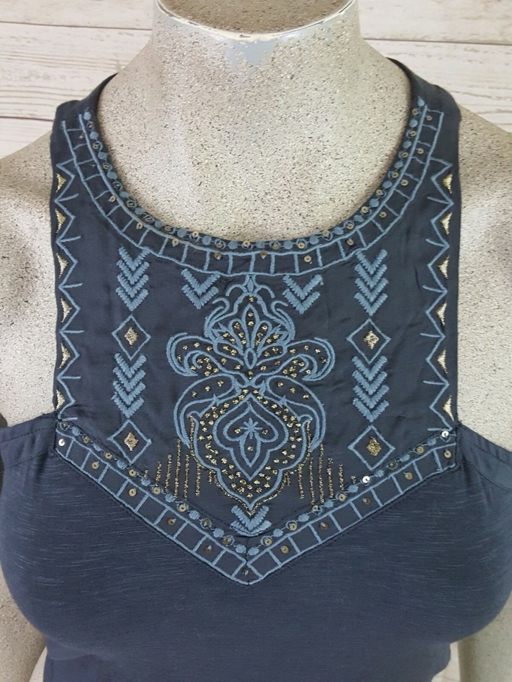 Wild Pearl Navy Tank with Blue Embroidered Yoke and Gold Bead Accents
